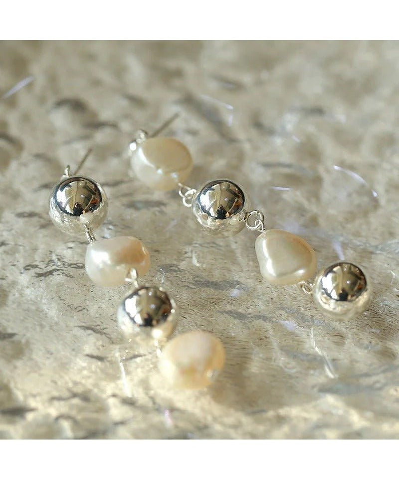 Metal Ball Beaded Spliced Pearl Drop Long Earrings - floysun