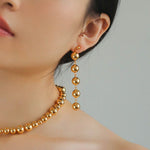 Metal Ball Beaded Spliced Pearl Drop Long Earrings - floysun