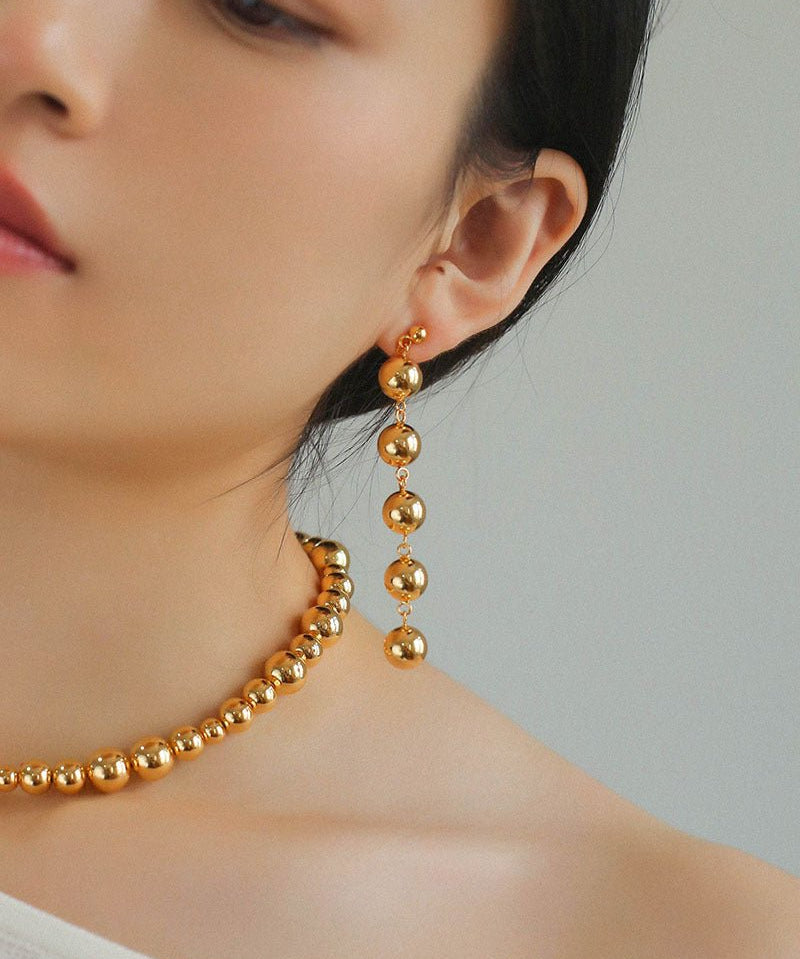 Metal Ball Beaded Spliced Pearl Drop Long Earrings - floysun