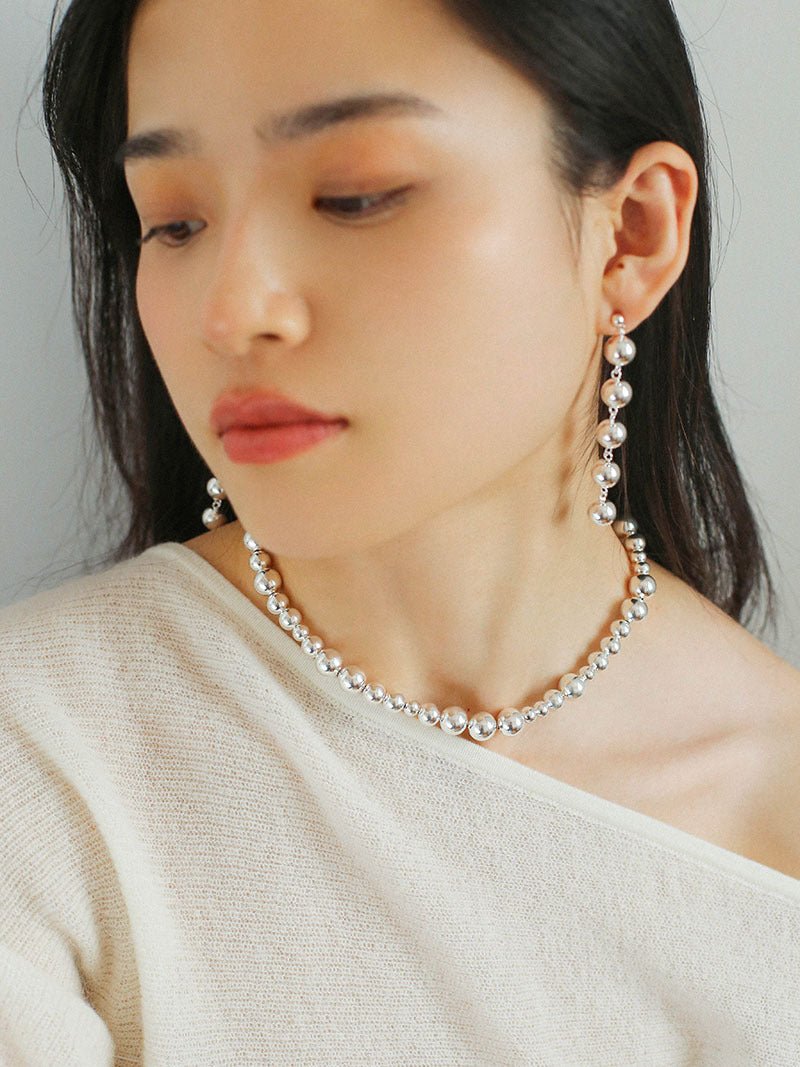 Metal Ball Beaded Spliced Pearl Drop Long Earrings - floysun