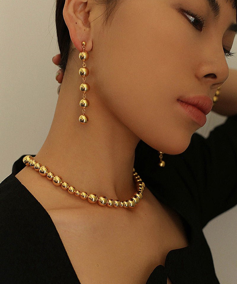 Metal Ball Beaded Spliced Pearl Drop Long Earrings - floysun