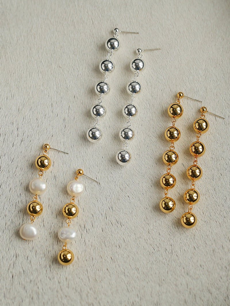 Metal Ball Beaded Spliced Pearl Drop Long Earrings - floysun