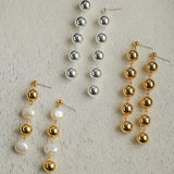 Metal Ball Beaded Spliced Pearl Drop Long Earrings - floysun