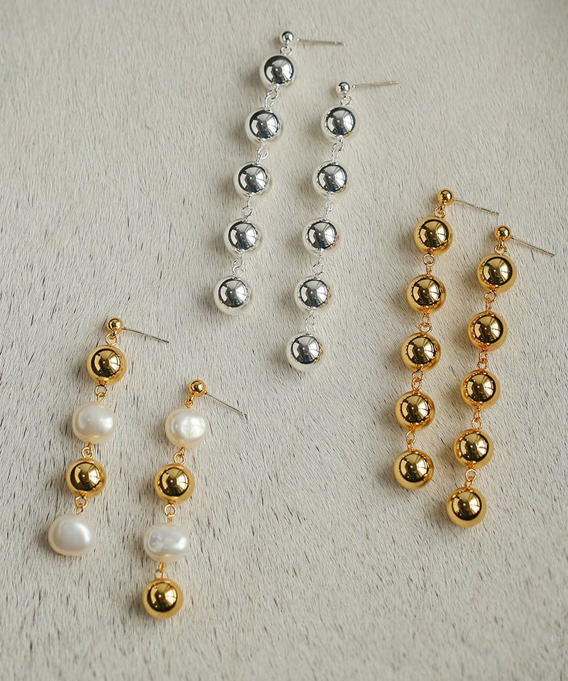 Metal Ball Beaded Spliced Pearl Drop Long Earrings - floysun