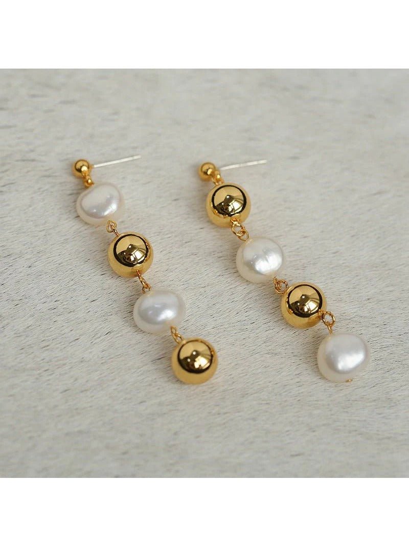 Metal Ball Beaded Spliced Pearl Drop Long Earrings - floysun