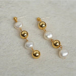 Metal Ball Beaded Spliced Pearl Drop Long Earrings - floysun