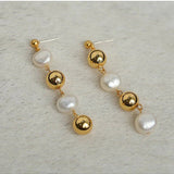 Metal Ball Beaded Spliced Pearl Drop Long Earrings - floysun