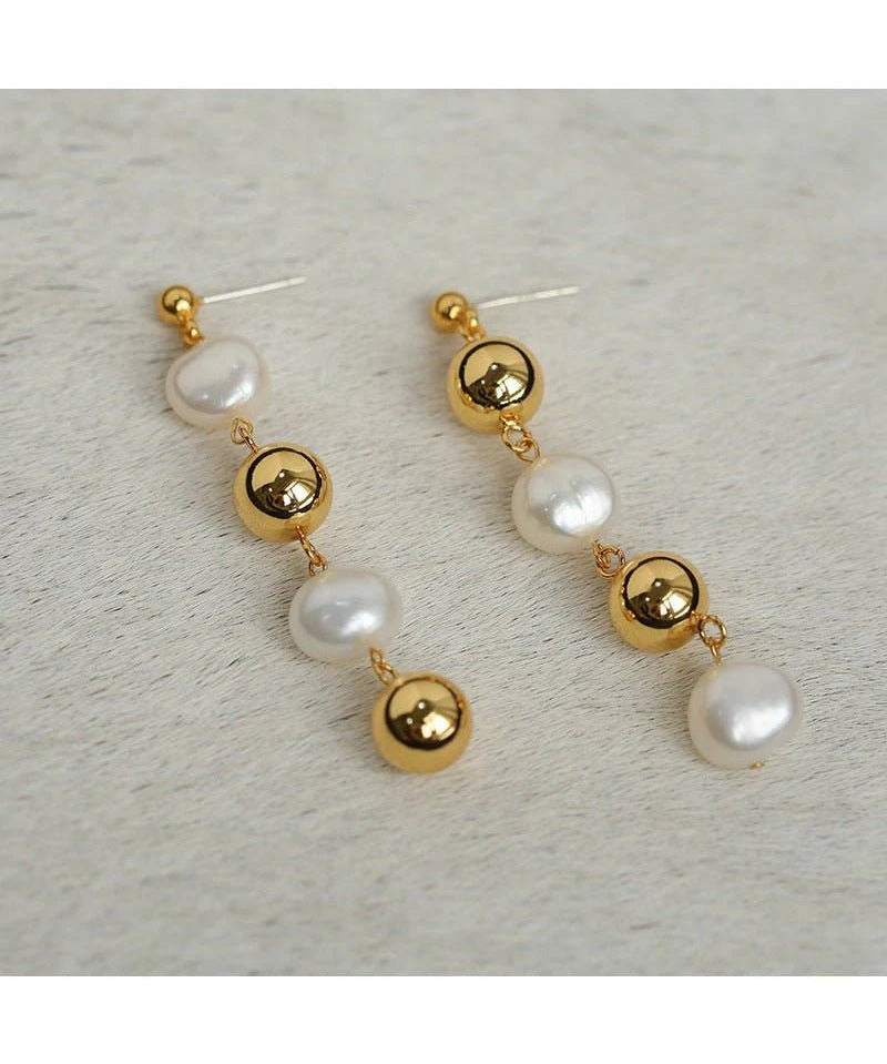 Metal Ball Beaded Spliced Pearl Drop Long Earrings - floysun