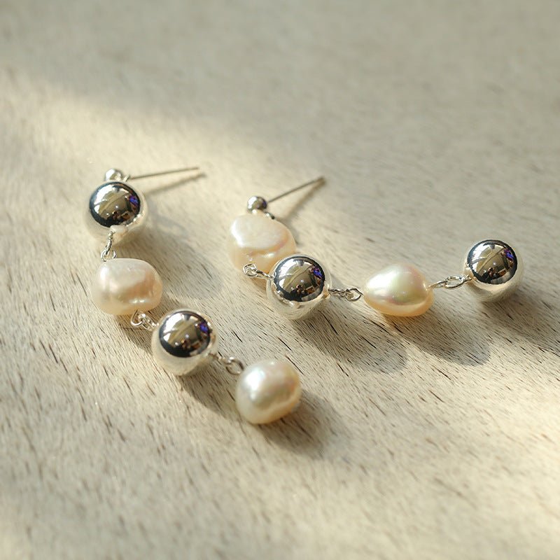 Metal Ball Beaded Spliced Pearl Drop Long Earrings - floysun