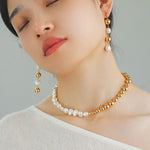 Metal Ball Beaded Spliced Pearl Drop Long Earrings - floysun