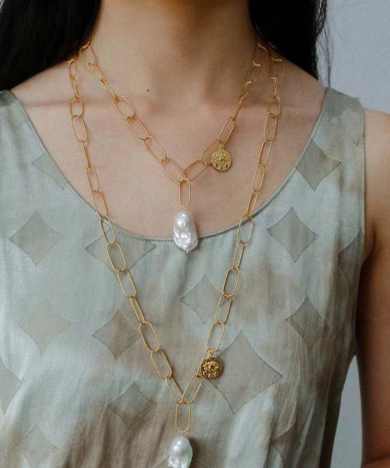 Metal Thick Chain Baroque Pearl Pendant Necklace - floysun