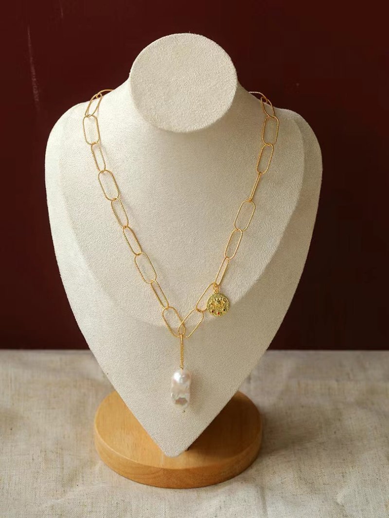 Metal Thick Chain Baroque Pearl Pendant Necklace - floysun