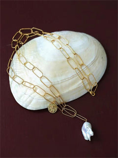 Metal Thick Chain Baroque Pearl Pendant Necklace - floysun