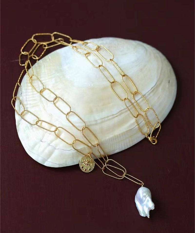 Metal Thick Chain Baroque Pearl Pendant Necklace - floysun