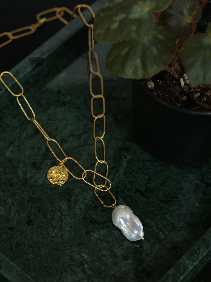 Metal Thick Chain Baroque Pearl Pendant Necklace - floysun