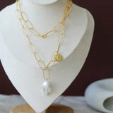 Metal Thick Chain Baroque Pearl Pendant Necklace - floysun