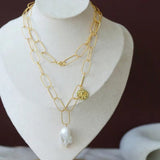 Metal Thick Chain Baroque Pearl Pendant Necklace - floysun