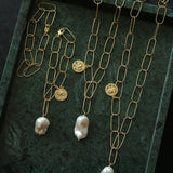 Metal Thick Chain Baroque Pearl Pendant Necklace - floysun