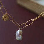 Metal Thick Chain Baroque Pearl Pendant Necklace - floysun