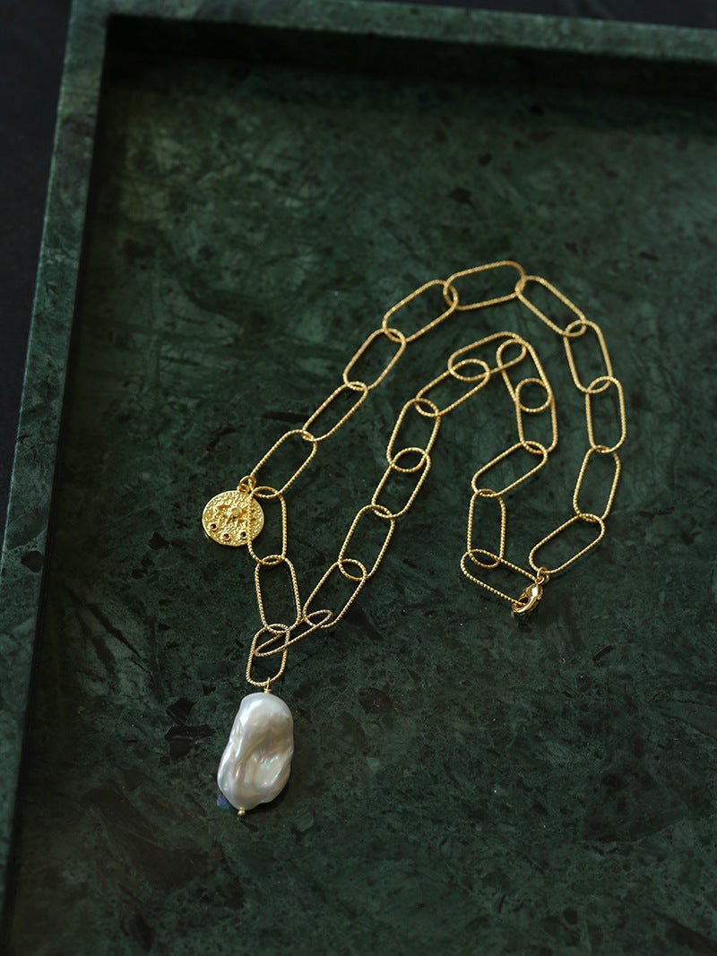 Metal Thick Chain Baroque Pearl Pendant Necklace - floysun