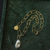 Metal Thick Chain Baroque Pearl Pendant Necklace - floysun