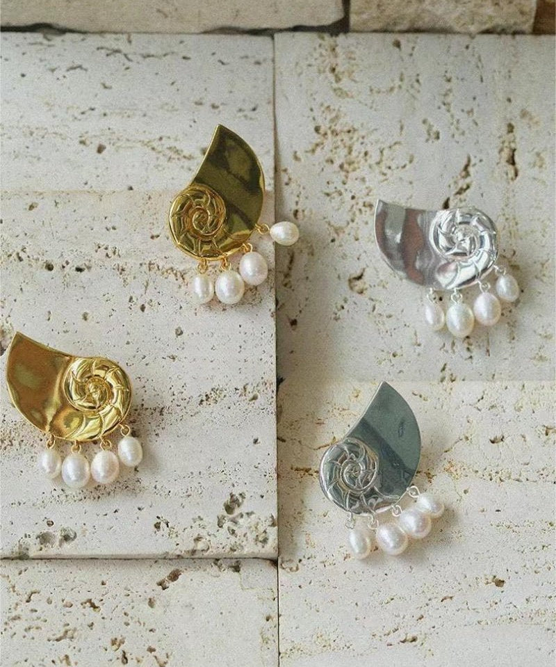 Metallic Conch Pearl Statement Drop Earrings - floysun