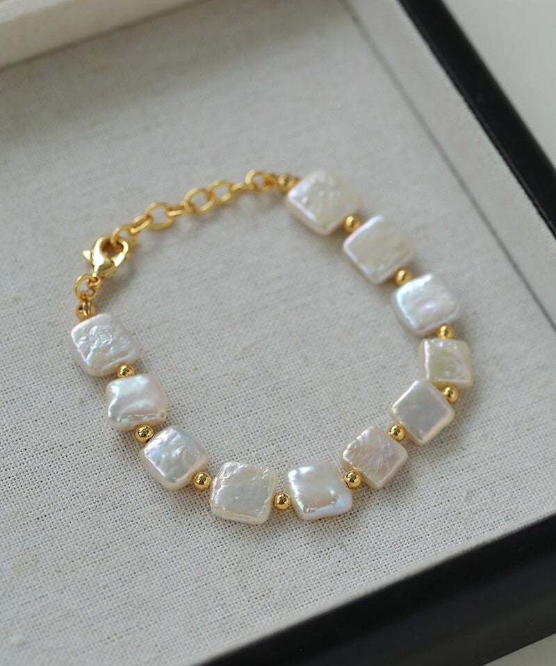 Mini Gold Bead and Square Baroque Pearl Bracelet - floysun