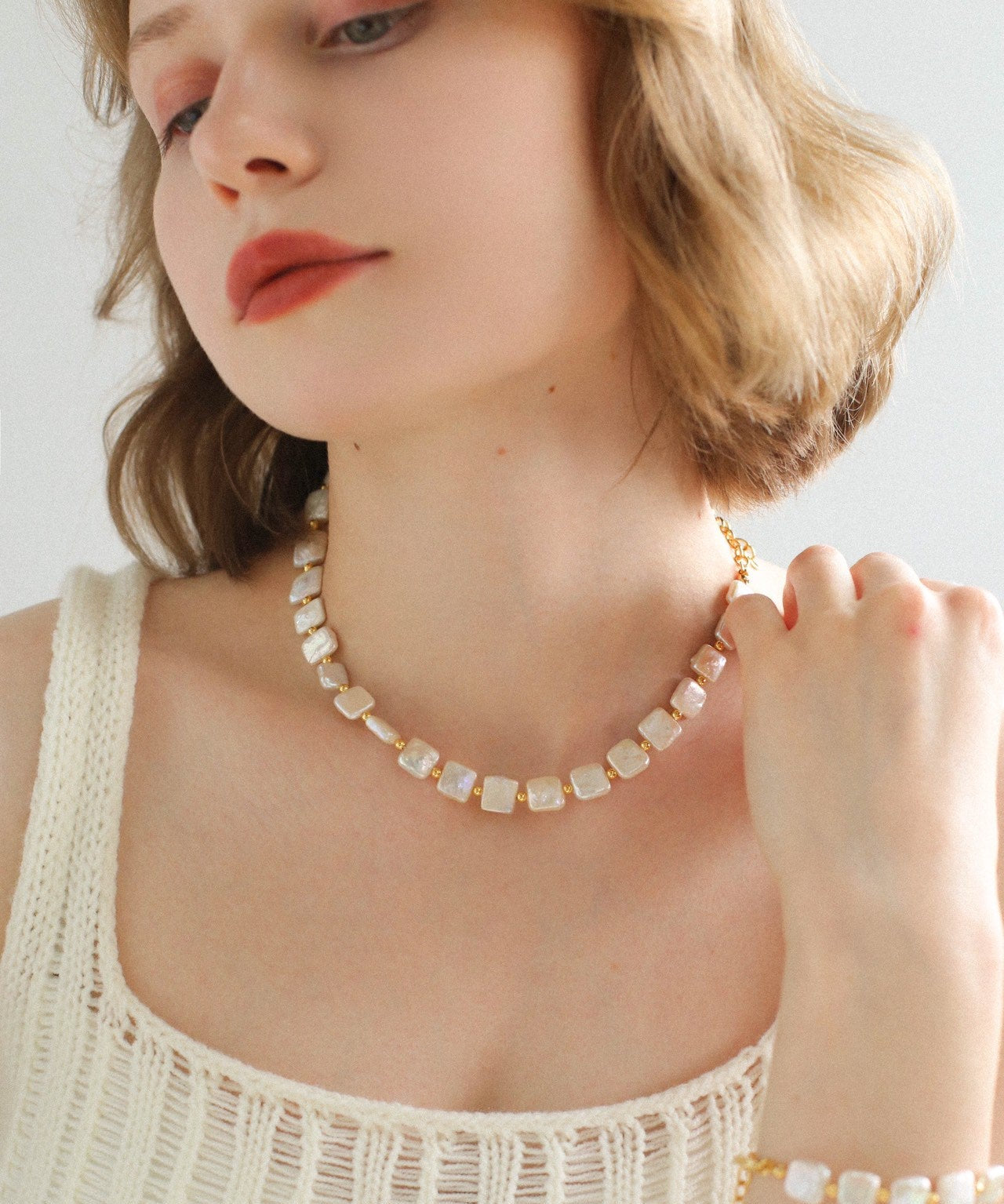 Mini Gold Bead and Square Baroque Pearl Necklace - floysun