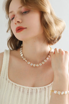 Mini Gold Bead and Square Baroque Pearl Necklace - floysun