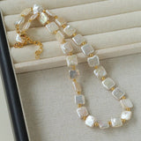 Mini Gold Bead and Square Baroque Pearl Necklace - floysun