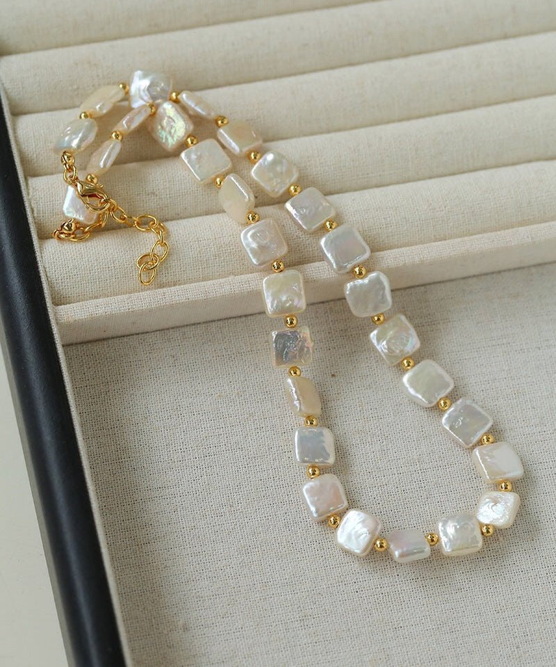 Mini Gold Bead and Square Baroque Pearl Necklace - floysun