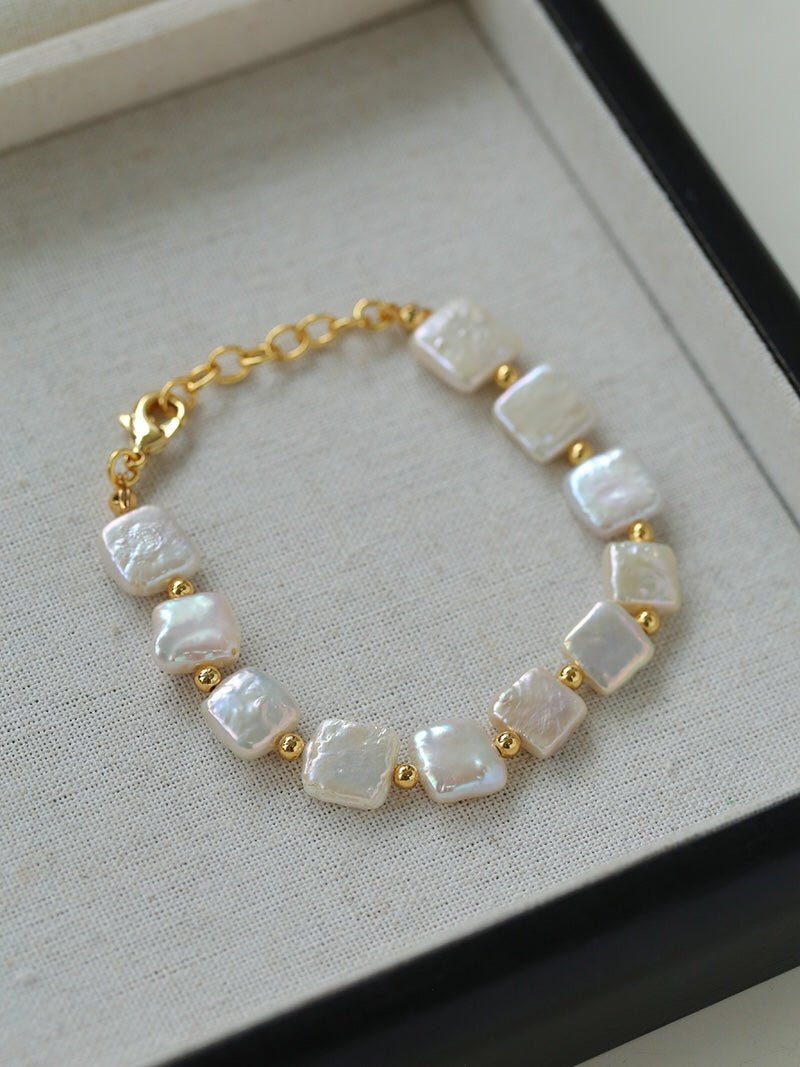 Mini Gold Bead and Square Baroque Pearl Necklace - floysun