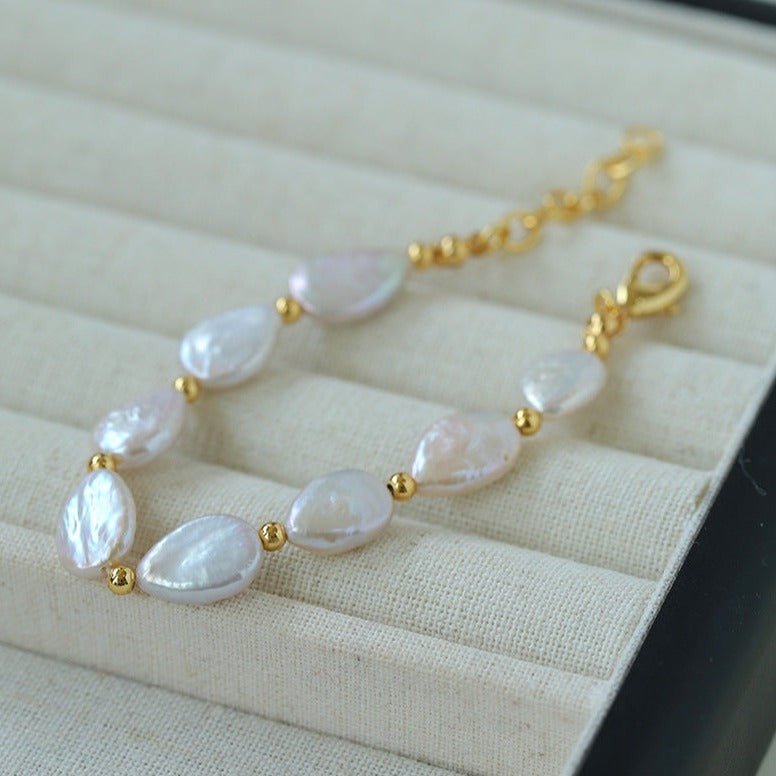 Mini Gold Bead and Teardrop Baroque Pearl Bracelet - floysun