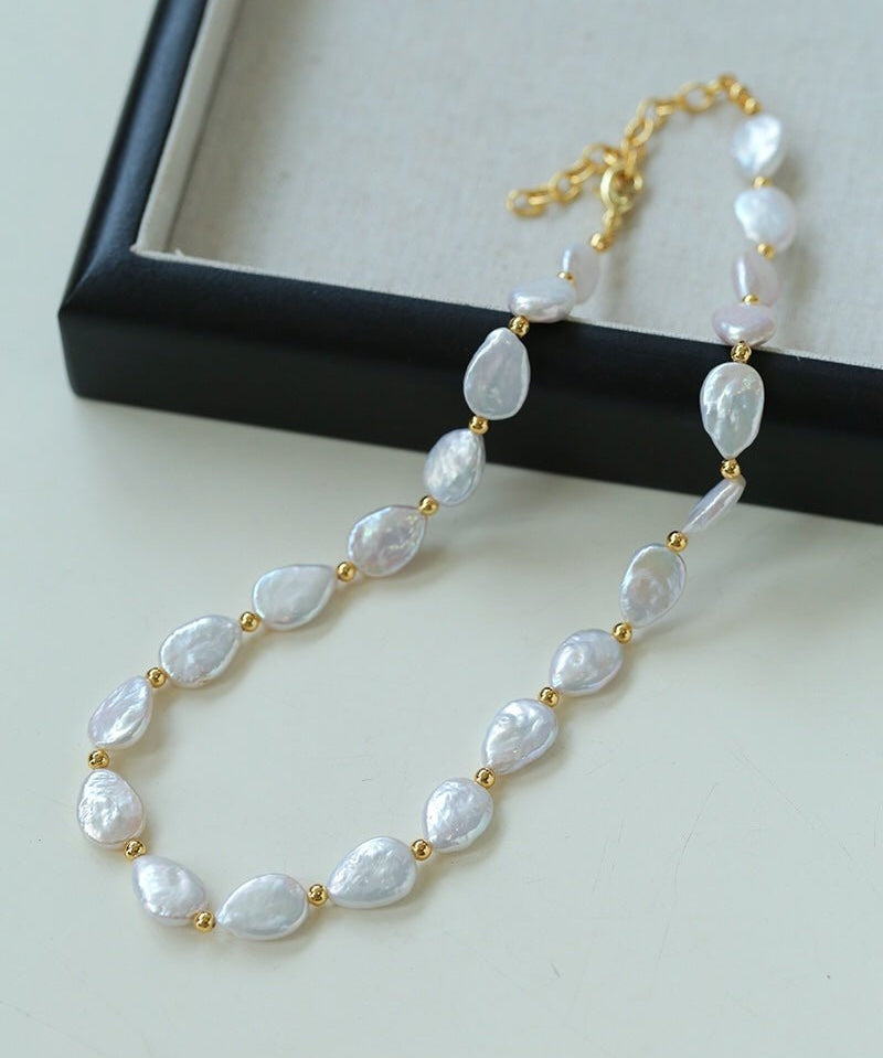 Mini Gold Bead and Teardrop Baroque Pearl Necklace - floysun