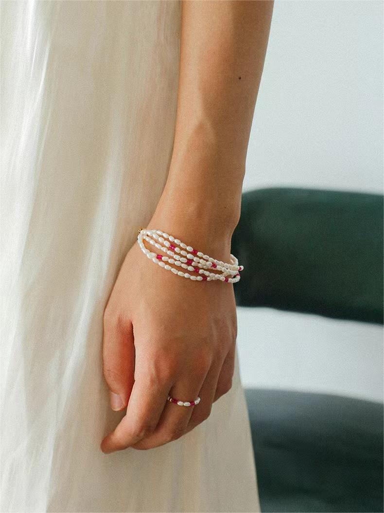 Mini Pearl and Ruby Beaded Bracelet - floysun