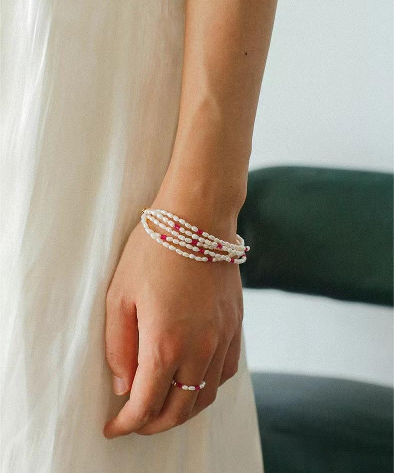 Mini Pearl and Ruby Beaded Bracelet - floysun