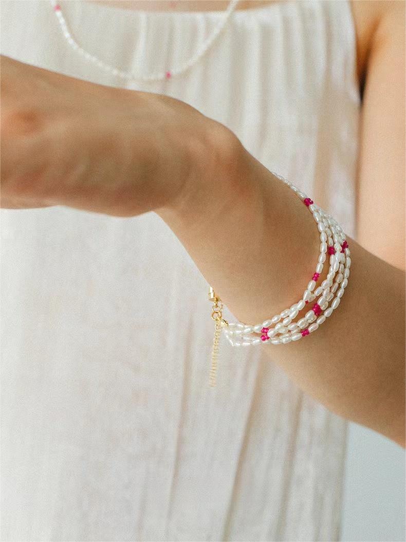 Mini Pearl and Ruby Beaded Bracelet - floysun