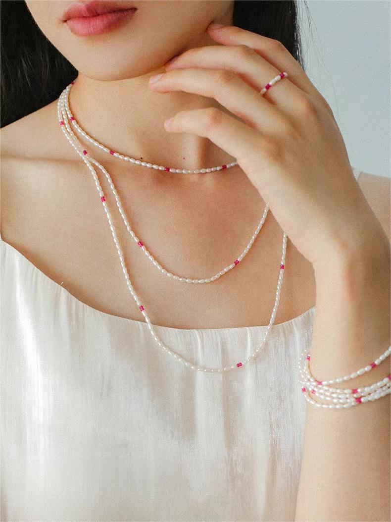 Mini Pearl and Ruby Long Beaded Necklace - floysun