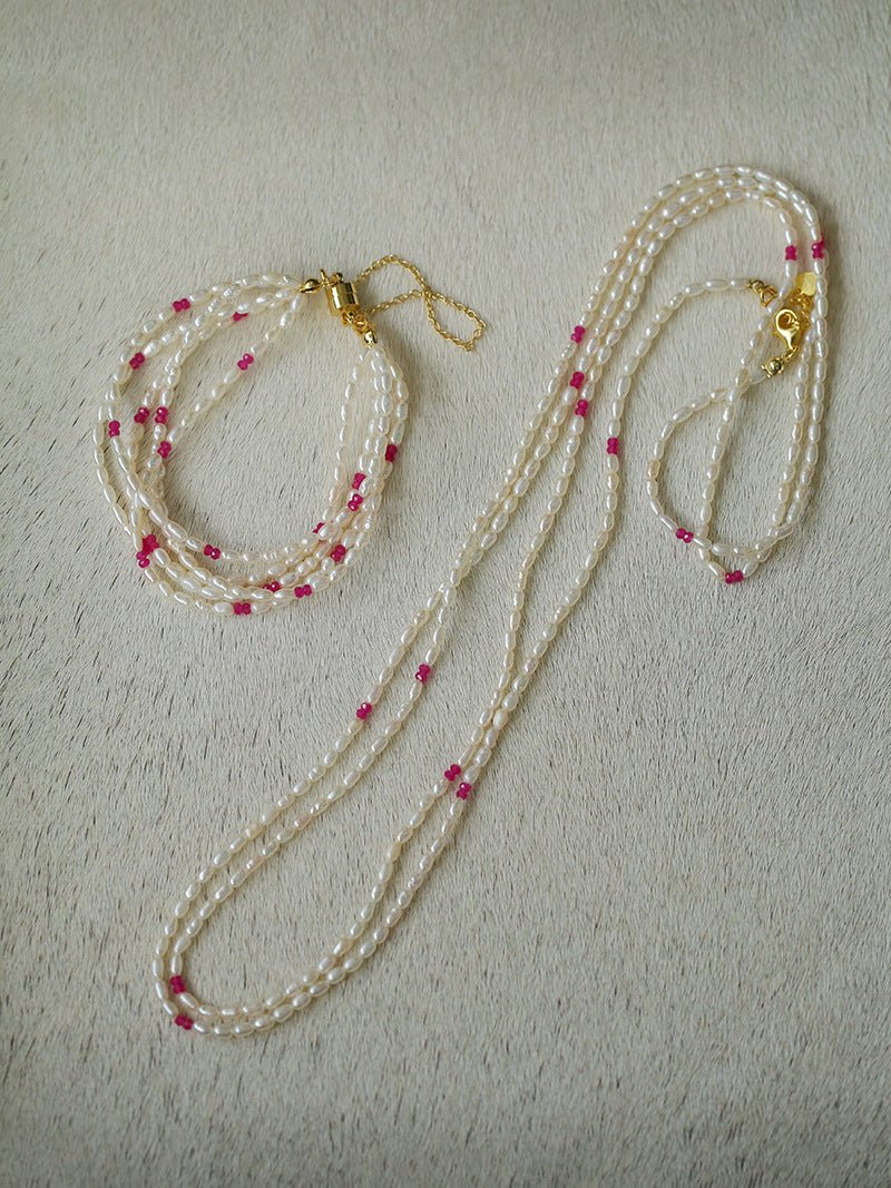 Mini Pearl and Ruby Long Beaded Necklace - floysun