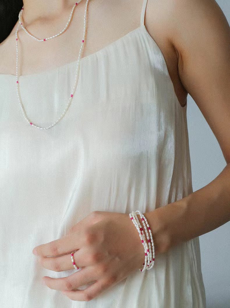 Mini Pearl and Ruby Long Beaded Necklace - floysun