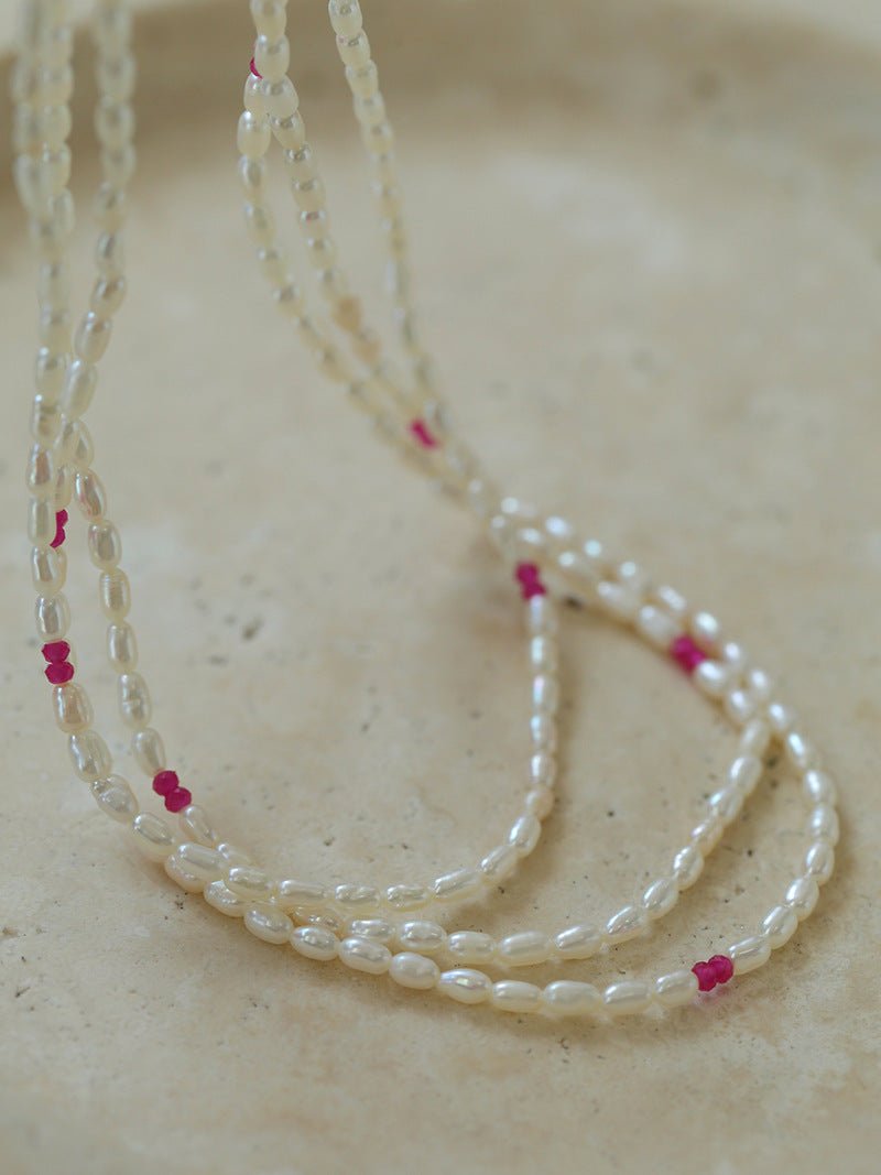 Mini Pearl and Ruby Long Beaded Necklace - floysun