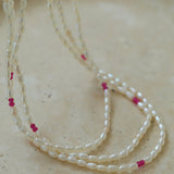 Mini Pearl and Ruby Long Beaded Necklace - floysun