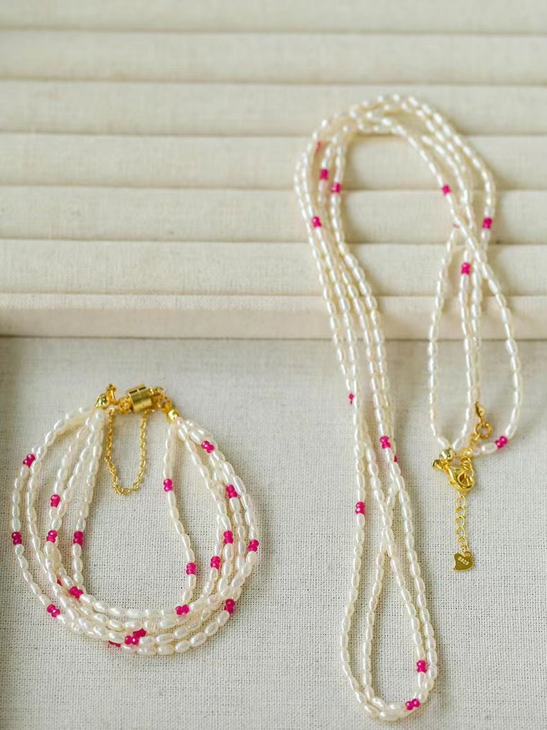 Mini Pearl and Ruby Long Beaded Necklace - floysun