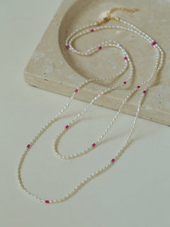 Mini Pearl and Ruby Long Beaded Necklace - floysun