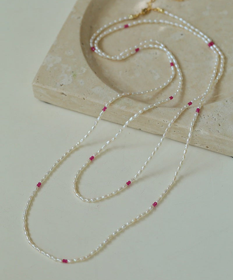 Mini Pearl and Ruby Long Beaded Necklace - floysun