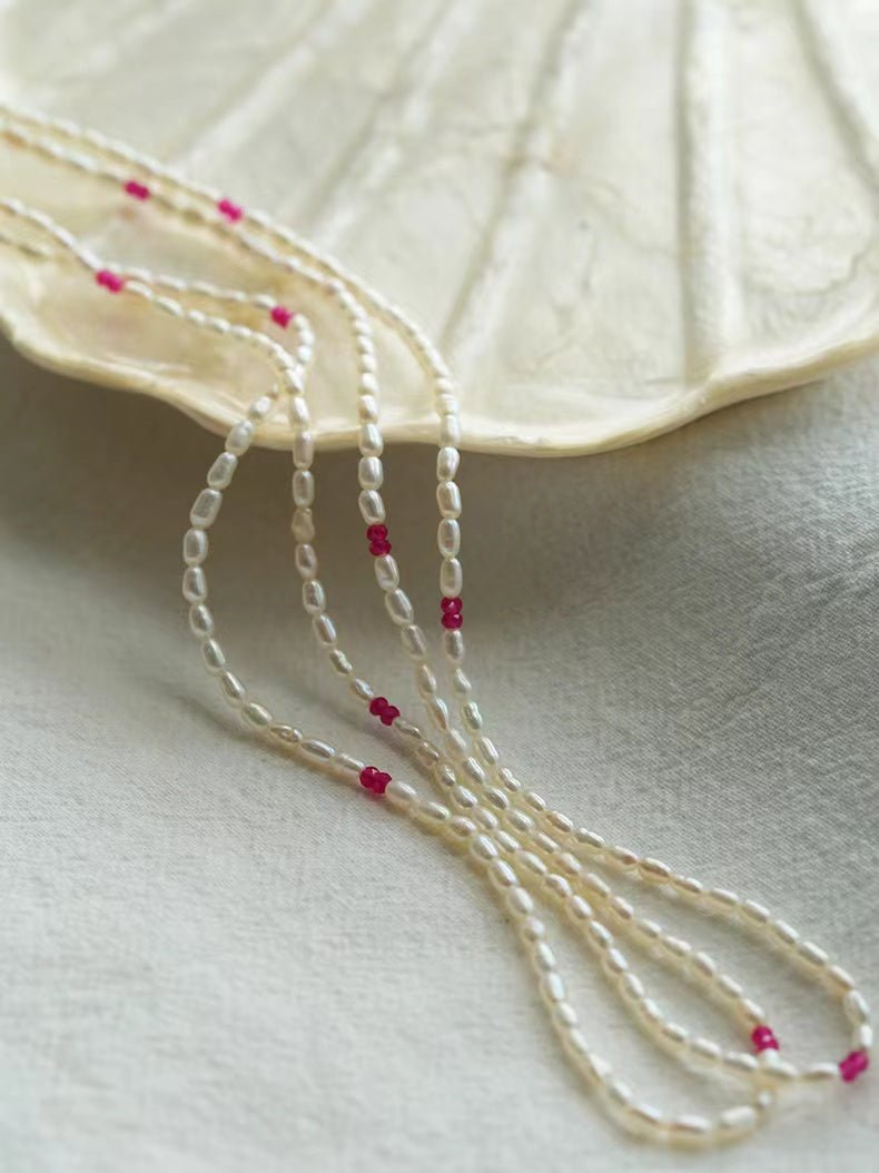 Mini Pearl and Ruby Long Beaded Necklace - floysun