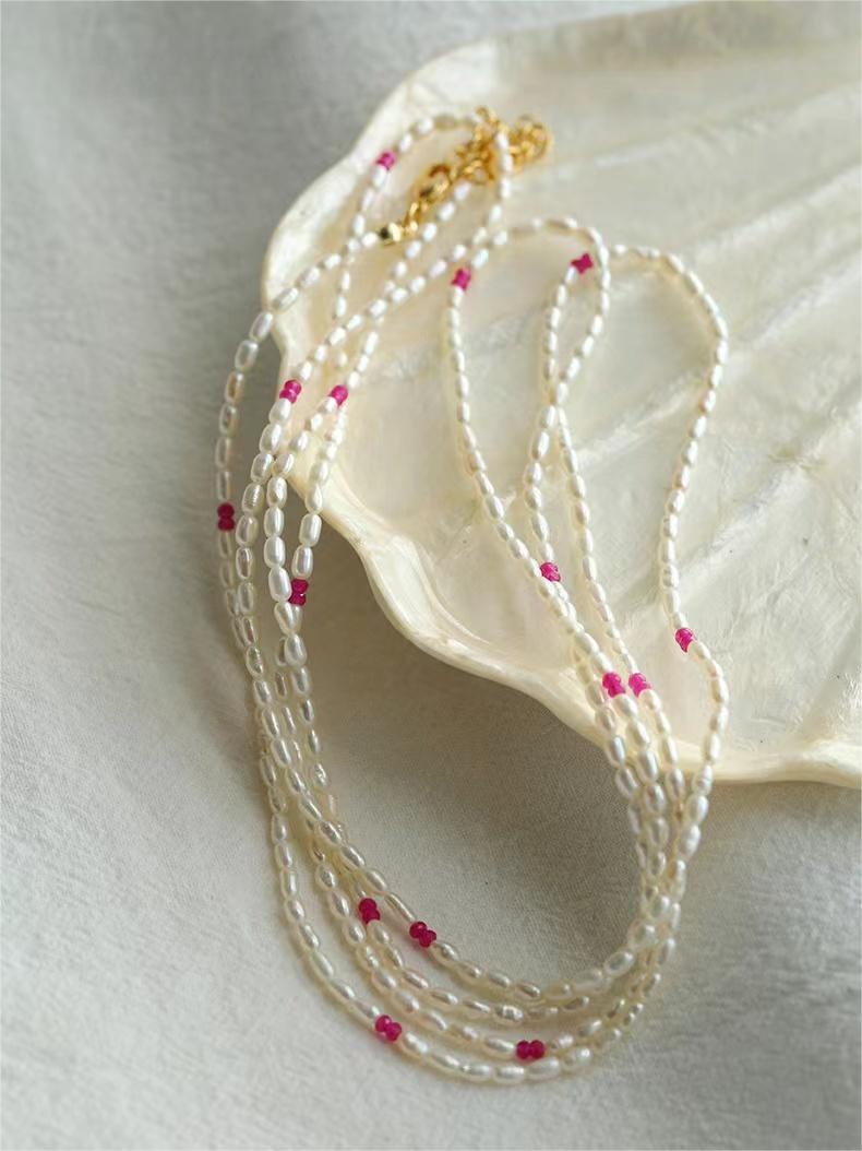 Mini Pearl and Ruby Long Beaded Necklace - floysun