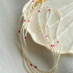 Mini Pearl and Ruby Long Beaded Necklace - floysun