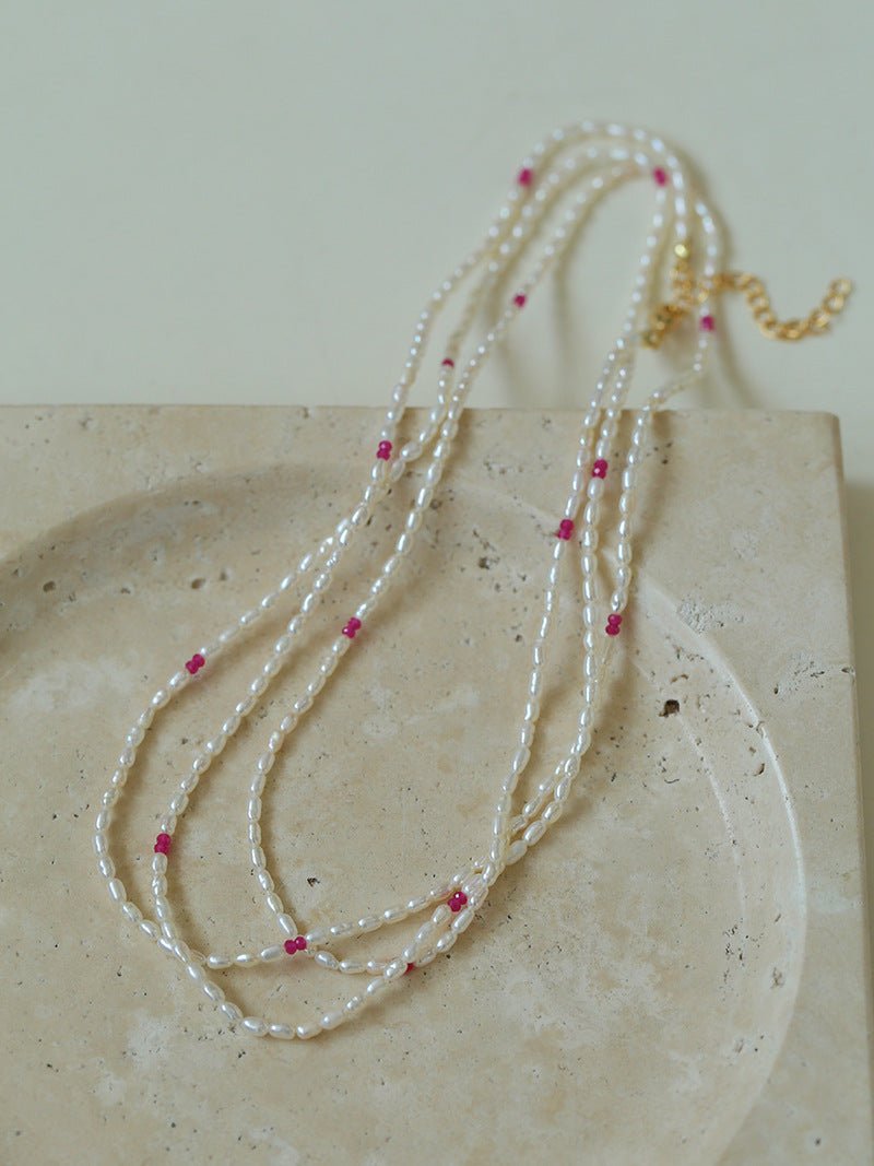 Mini Pearl and Ruby Long Beaded Necklace - floysun