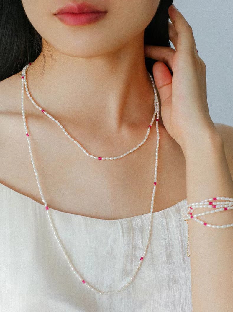 Mini Pearl and Ruby Long Beaded Necklace - floysun